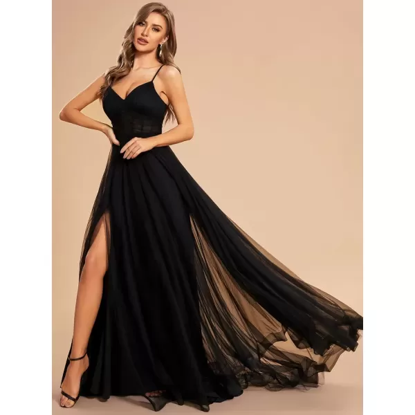 imageEverPretty Womens Tulle V Neck Sleeveless A Line Split Floor Length Evening Dresses 01656Black