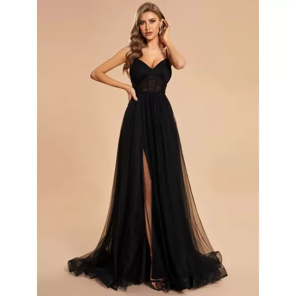 imageEverPretty Womens Tulle V Neck Sleeveless A Line Split Floor Length Evening Dresses 01656Black