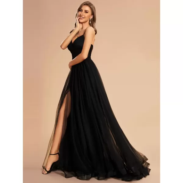 imageEverPretty Womens Tulle V Neck Sleeveless A Line Split Floor Length Evening Dresses 01656Black