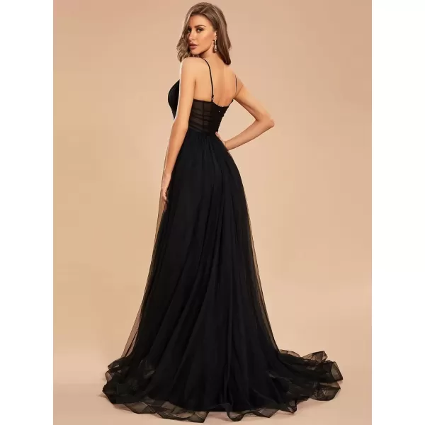 imageEverPretty Womens Tulle V Neck Sleeveless A Line Split Floor Length Evening Dresses 01656Black