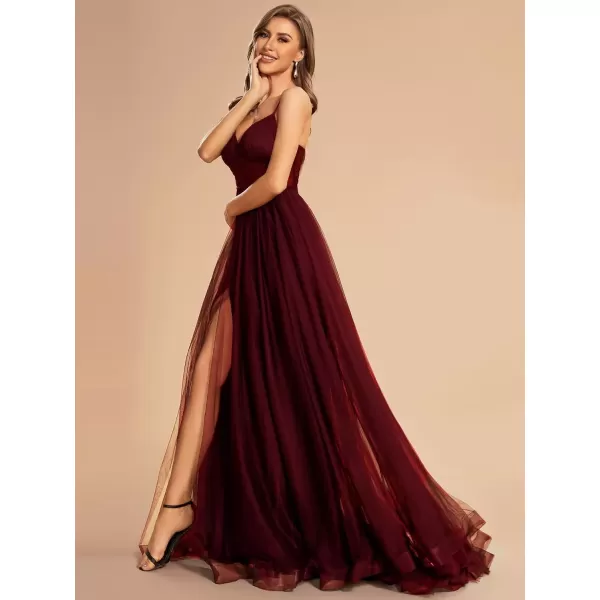 imageEverPretty Womens Tulle V Neck Sleeveless A Line Split Floor Length Evening Dresses 01656Burgundy