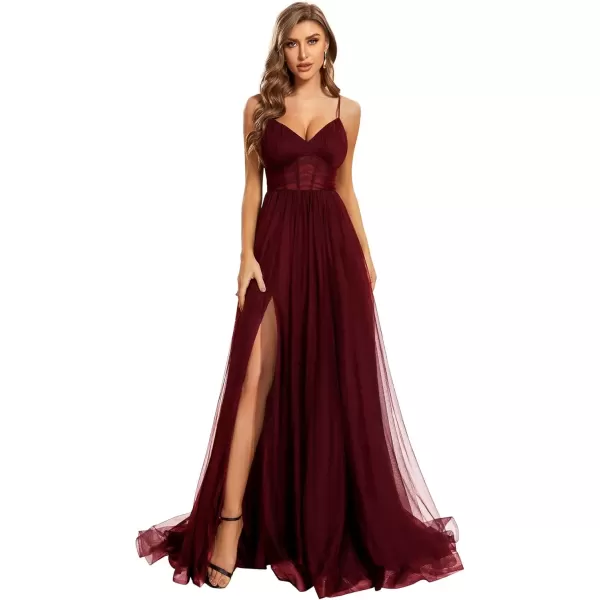 imageEverPretty Womens Tulle V Neck Sleeveless A Line Split Floor Length Evening Dresses 01656Burgundy