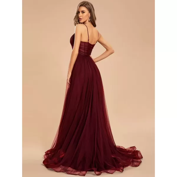 imageEverPretty Womens Tulle V Neck Sleeveless A Line Split Floor Length Evening Dresses 01656Burgundy