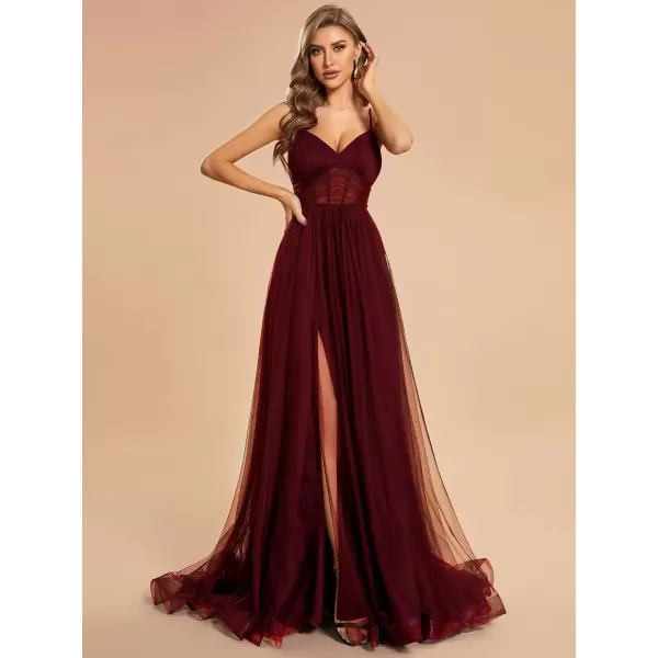 imageEverPretty Womens Tulle V Neck Sleeveless A Line Split Floor Length Evening Dresses 01656Burgundy