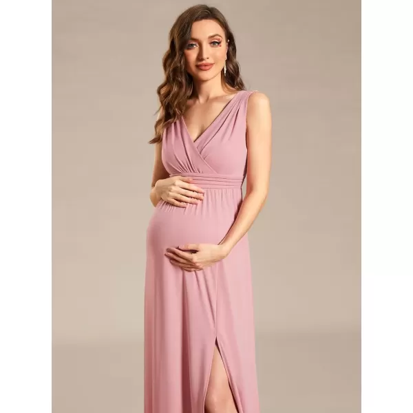 imageEverPretty Womens V Neck Sleeveless Ruched Slit A Line Summer Maxi Maternity Casual Dresses 01861Dusty Rose