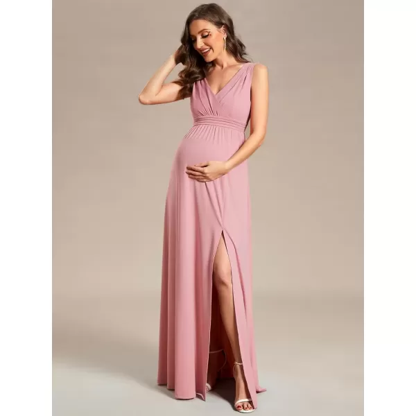 imageEverPretty Womens V Neck Sleeveless Ruched Slit A Line Summer Maxi Maternity Casual Dresses 01861Dusty Rose