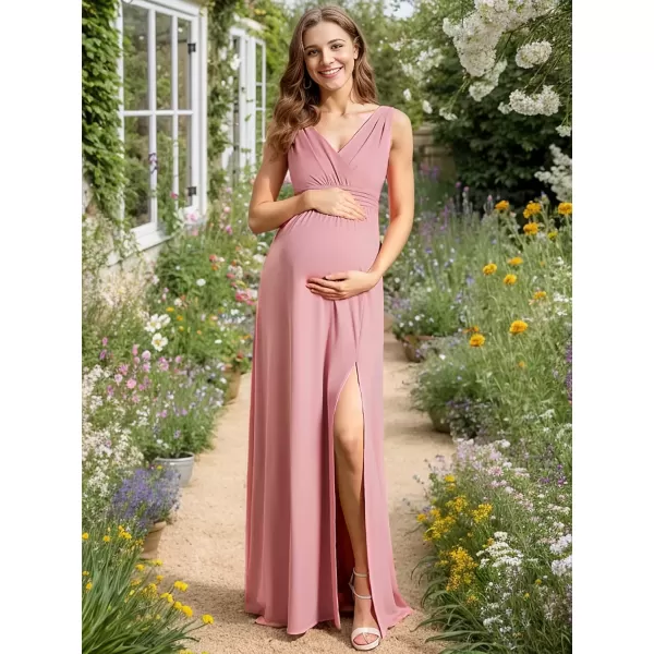 imageEverPretty Womens V Neck Sleeveless Ruched Slit A Line Summer Maxi Maternity Casual Dresses 01861Dusty Rose