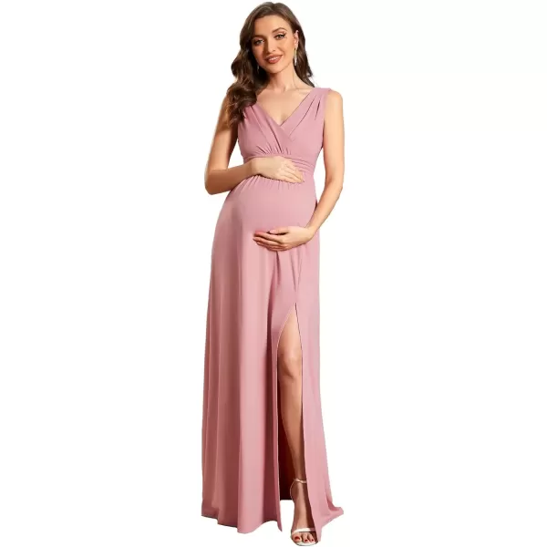 imageEverPretty Womens V Neck Sleeveless Ruched Slit A Line Summer Maxi Maternity Casual Dresses 01861Dusty Rose