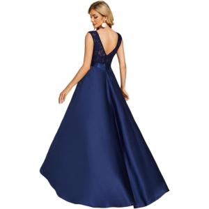 imageEverPretty Womens Sleeveless Round Neck Asymmetry Hem Lace Satin Summer Wedding Guest Dresses 01759Navy Blue