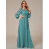 imageEverPretty Womens Crewneck Long Lantern Sleeves Floor Length ALine Pleated Chiffon Formal Dress 0106BDusty Blue