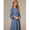 imageEverPretty Womens Crewneck Long Lantern Sleeves Floor Length ALine Pleated Chiffon Formal Dress 0106BDusty Navy