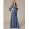 imageEverPretty Womens Crewneck Long Lantern Sleeves Floor Length ALine Pleated Chiffon Formal Dress 0106BDusty Navy