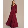 imageEverPretty Womens Formal Dresses Long Sleeve V Neck Empire Waist A Line Beading Floor Length Wedding Guest Dress 01981Burgundy