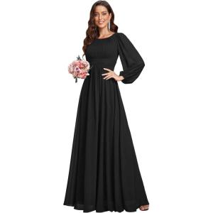 imageEverPretty Womens Crewneck Long Lantern Sleeves Floor Length ALine Pleated Chiffon Formal Dress 0106BBlack