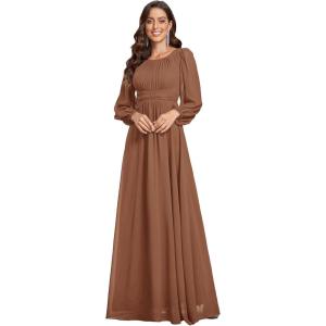 imageEverPretty Womens Crewneck Long Lantern Sleeves Floor Length ALine Pleated Chiffon Formal Dress 0106BBrown