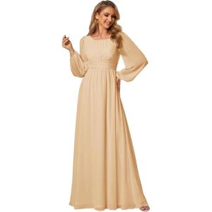 imageEverPretty Womens Crewneck Long Lantern Sleeves Floor Length ALine Pleated Chiffon Formal Dress 0106BChampagne