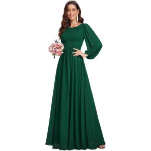 imageEverPretty Womens Crewneck Long Lantern Sleeves Floor Length ALine Pleated Chiffon Formal Dress 0106BDark Green