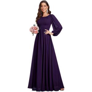 imageEverPretty Womens Crewneck Long Lantern Sleeves Floor Length ALine Pleated Chiffon Formal Dress 0106BDeep Purple