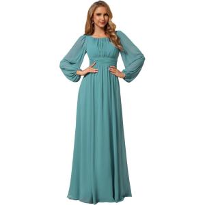 imageEverPretty Womens Crewneck Long Lantern Sleeves Floor Length ALine Pleated Chiffon Formal Dress 0106BDusty Blue