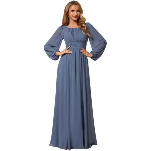 imageEverPretty Womens Crewneck Long Lantern Sleeves Floor Length ALine Pleated Chiffon Formal Dress 0106BDusty Navy