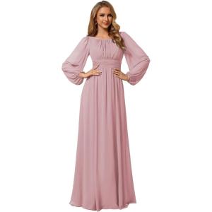 imageEverPretty Womens Crewneck Long Lantern Sleeves Floor Length ALine Pleated Chiffon Formal Dress 0106BDusty Rose