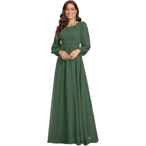 imageEverPretty Womens Crewneck Long Lantern Sleeves Floor Length ALine Pleated Chiffon Formal Dress 0106BEucalyptus Green