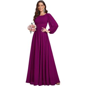 imageEverPretty Womens Crewneck Long Lantern Sleeves Floor Length ALine Pleated Chiffon Formal Dress 0106BFuchsia