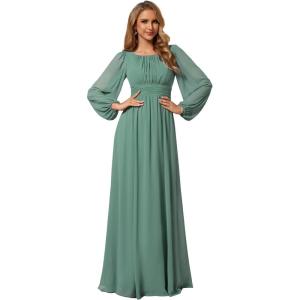 imageEverPretty Womens Crewneck Long Lantern Sleeves Floor Length ALine Pleated Chiffon Formal Dress 0106BGreen Bean