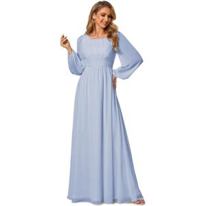 imageEverPretty Womens Crewneck Long Lantern Sleeves Floor Length ALine Pleated Chiffon Formal Dress 0106BIce Blue