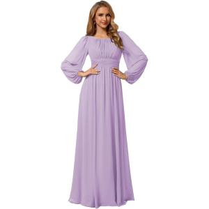 imageEverPretty Womens Crewneck Long Lantern Sleeves Floor Length ALine Pleated Chiffon Formal Dress 0106BLavender