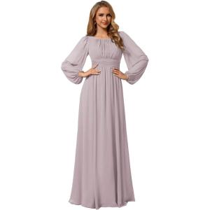 imageEverPretty Womens Crewneck Long Lantern Sleeves Floor Length ALine Pleated Chiffon Formal Dress 0106BLilac