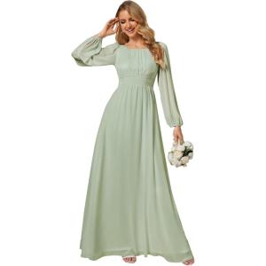 imageEverPretty Womens Crewneck Long Lantern Sleeves Floor Length ALine Pleated Chiffon Formal Dress 0106BMint Green