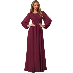 imageEverPretty Womens Crewneck Long Lantern Sleeves Floor Length ALine Pleated Chiffon Formal Dress 0106BMulberry