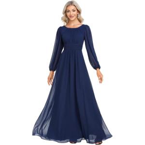 imageEverPretty Womens Crewneck Long Lantern Sleeves Floor Length ALine Pleated Chiffon Formal Dress 0106BNavy Blue