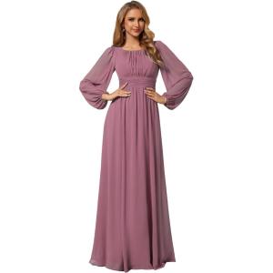 imageEverPretty Womens Crewneck Long Lantern Sleeves Floor Length ALine Pleated Chiffon Formal Dress 0106BOrchid