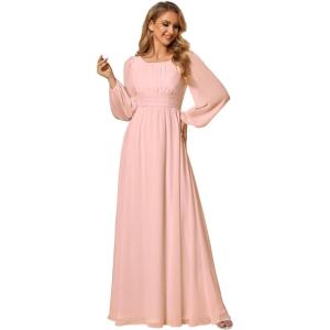 imageEverPretty Womens Crewneck Long Lantern Sleeves Floor Length ALine Pleated Chiffon Formal Dress 0106BPink