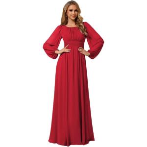 imageEverPretty Womens Crewneck Long Lantern Sleeves Floor Length ALine Pleated Chiffon Formal Dress 0106BRed