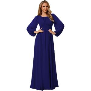 imageEverPretty Womens Crewneck Long Lantern Sleeves Floor Length ALine Pleated Chiffon Formal Dress 0106BRoyal Blue