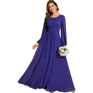 imageEverPretty Womens Crewneck Long Lantern Sleeves Floor Length ALine Pleated Chiffon Formal Dress 0106BSapphire Blue