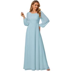 imageEverPretty Womens Crewneck Long Lantern Sleeves Floor Length ALine Pleated Chiffon Formal Dress 0106BSky Blue