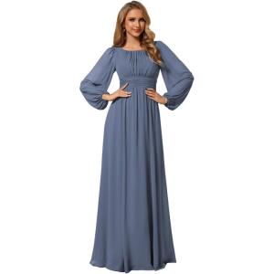 imageEverPretty Womens Crewneck Long Lantern Sleeves Floor Length ALine Pleated Chiffon Formal Dress 0106BStormy