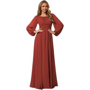 imageEverPretty Womens Crewneck Long Lantern Sleeves Floor Length ALine Pleated Chiffon Formal Dress 0106BVermilion