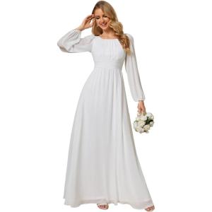 imageEverPretty Womens Crewneck Long Lantern Sleeves Floor Length ALine Pleated Chiffon Formal Dress 0106BWhite