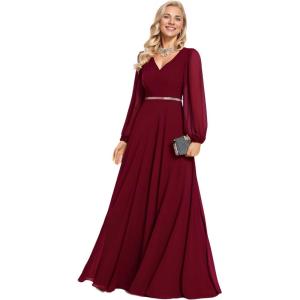 imageEverPretty Womens Formal Dresses Long Sleeve V Neck Empire Waist A Line Beading Floor Length Wedding Guest Dress 01981Burgundy