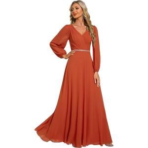 imageEverPretty Womens Formal Dresses Long Sleeve V Neck Empire Waist A Line Beading Floor Length Wedding Guest Dress 01981Burnt Orange