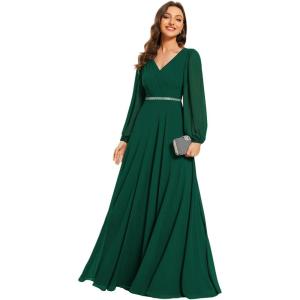 imageEverPretty Womens Formal Dresses Long Sleeve V Neck Empire Waist A Line Beading Floor Length Wedding Guest Dress 01981Dark Green