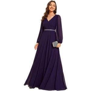 imageEverPretty Womens Formal Dresses Long Sleeve V Neck Empire Waist A Line Beading Floor Length Wedding Guest Dress 01981Deep Purple