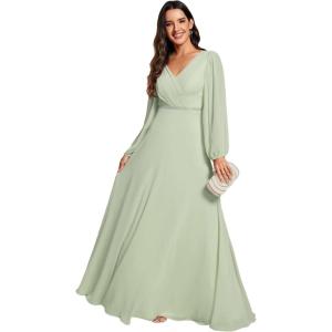 imageEverPretty Womens Formal Dresses Long Sleeve V Neck Empire Waist A Line Beading Floor Length Wedding Guest Dress 01981Mint Green