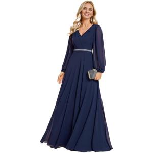 imageEverPretty Womens Formal Dresses Long Sleeve V Neck Empire Waist A Line Beading Floor Length Wedding Guest Dress 01981Navy Blue