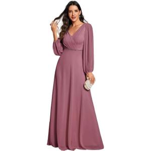 imageEverPretty Womens Formal Dresses Long Sleeve V Neck Empire Waist A Line Beading Floor Length Wedding Guest Dress 01981Orchid